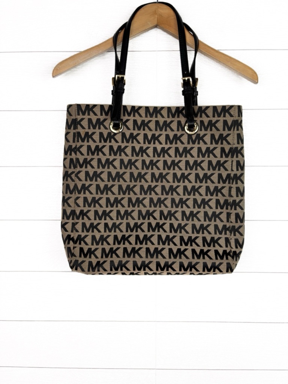 Michael Kors Signature Logo MK Print Tan Black Tote Bag
